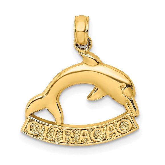 14k Yellow Gold Travel 2-D CURACAO Under Small Dolphin Necklace Charm Pendant - Picture 1 of 4